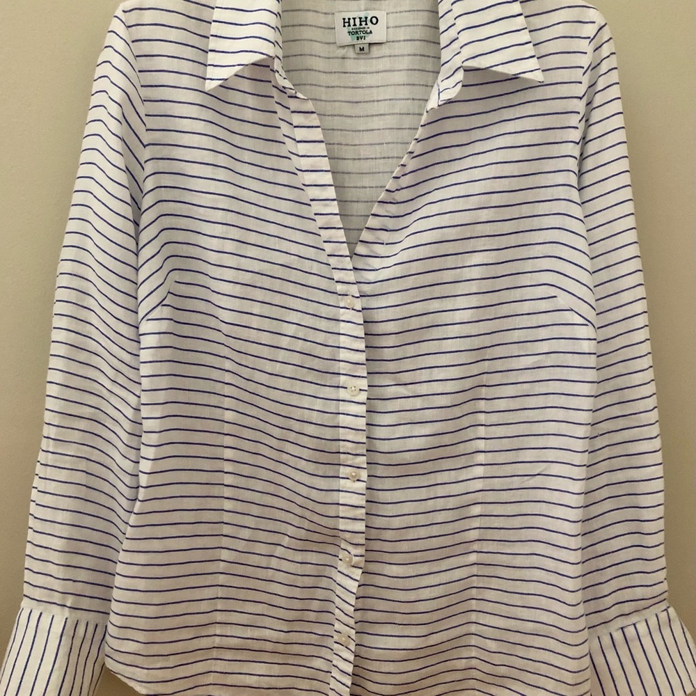 Blue Stripe Button Front Linen Top Size M